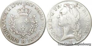 S9600 R3 Rare France Ecu Louis XV bandeau 1744 H La Rochelle Argent Silver 
