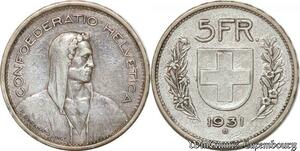S9821 Suisse 5 Francs Confédération Helvétique 1931 B Argent Tranche 1 Silver