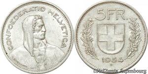 S9822 Suisse 5 Francs Confédération Helvétique 1954 B Argent Silver