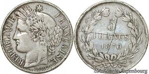 S9882 Rare France 5 Francs Ceres ss légende 1870 K Bordeaux Variate 4 H Argent 
