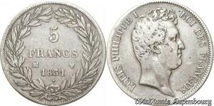 S9891 Rare France 5 Francs Louis-Philippe I Tioler creux 1831 MA Argent Silver 