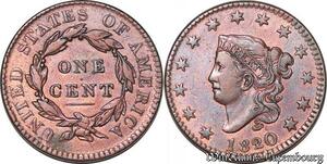 S6026 Scarce USA 1 Cent 1820/19 Coronet Head AU !53 55