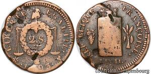 S6036 Décalée France  2 Sols aux balances An 2 Republique Francaise 1793 Strasbourg