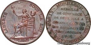 S6121 France Constitution 2 Sols Frères Monnerons 1792  Paris A AN3 superbe