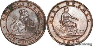 S6138 Spain Espagne 10 Centimos 1870 OM superbe AU ! ->Faire Offre