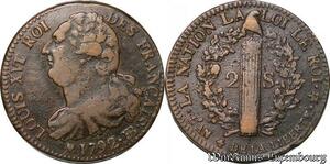 S6204 Rare Constitution 2 sols au faisceau type Francais 1792 BB Strasbourg