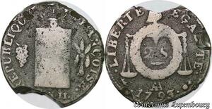 S6216 Rare 2 sols aux balances 1792 AA Metz Metal de Cloche an 4 ->Faire Offre