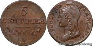 S6231 Rare 5 Centimes Dupré an 4 A Paris superbe +++ Rouge encore visible