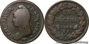 S6239 Rarissime Un Décime Dupré Refrappage 2 decimes an 8 AA Metz