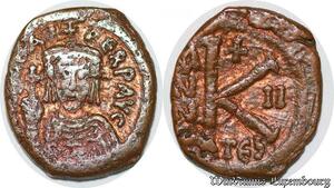S6266 Byzantine Empire Justin II 565-578 Æ Half Follis Thessalonica mint