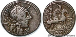 S6293 Roman Empire Rare Denier denarius Q. Minicius Rufus 122 Helmeted head of Roma Silver