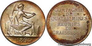 S6432 Rare Jeton Token Mines Graissessac Hérault 1864 Argent 500 ex. FDC !