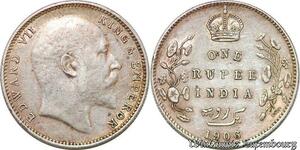 S6554 India British 1 Rupee Edouard VII 1901-1910 1906 Calcutta M Silver